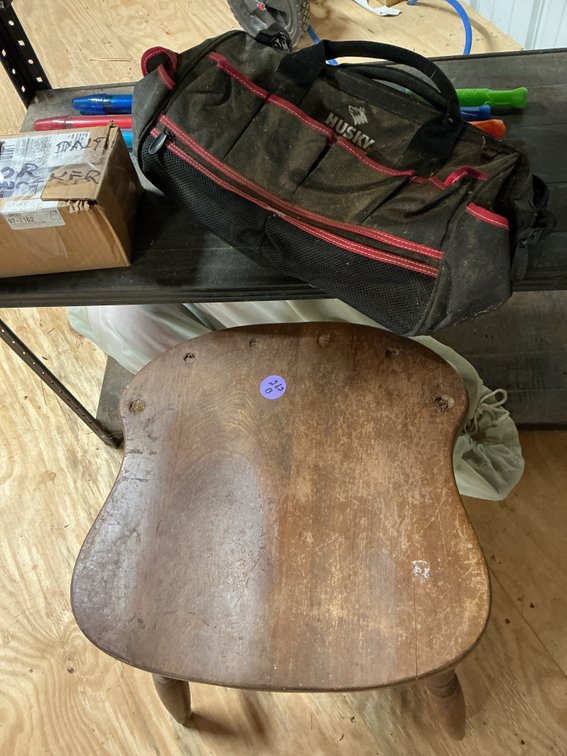 Shelf Lot: Bag, Toys, Sporting Goods & Stool