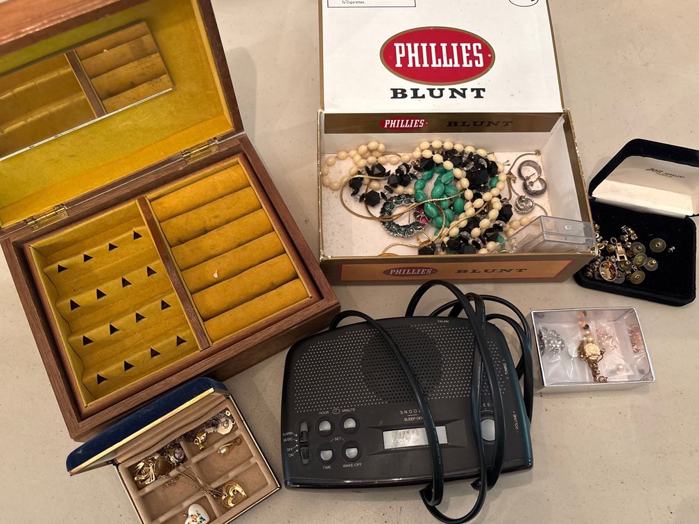 Jewelry Box, Costume Jewelry & Clock