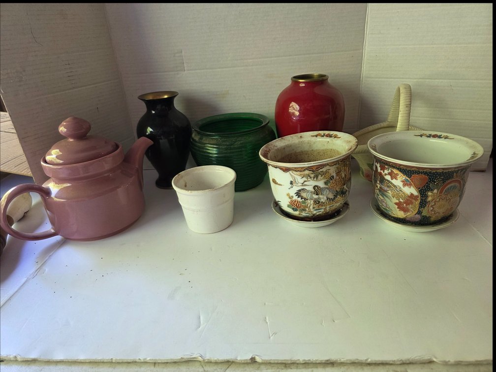 Decor Lot, Vases, Tea Pot,  Oriental  Themed Planters,  etc