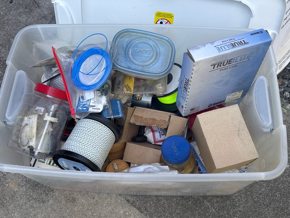Box of Assorted Automotive, Screws, Twine and Shop Accessories