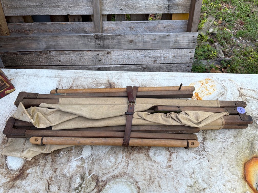 Vintage Folding Wood and Canvas Cot / Camp Bed