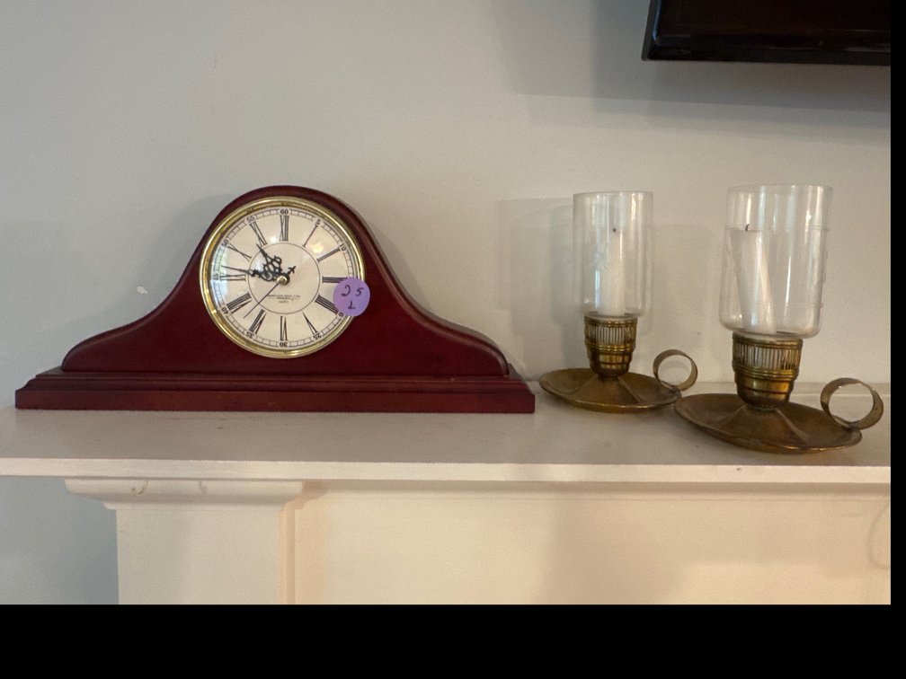 Wooden Mantel Clock and Brass Candle Stick Holders