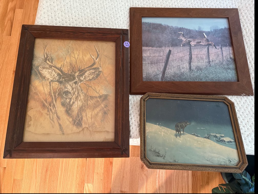 Framed wall art, x3, including vintage 1978 wildlife art print titled "The Silent Buck" by artist K. Maroon signed,