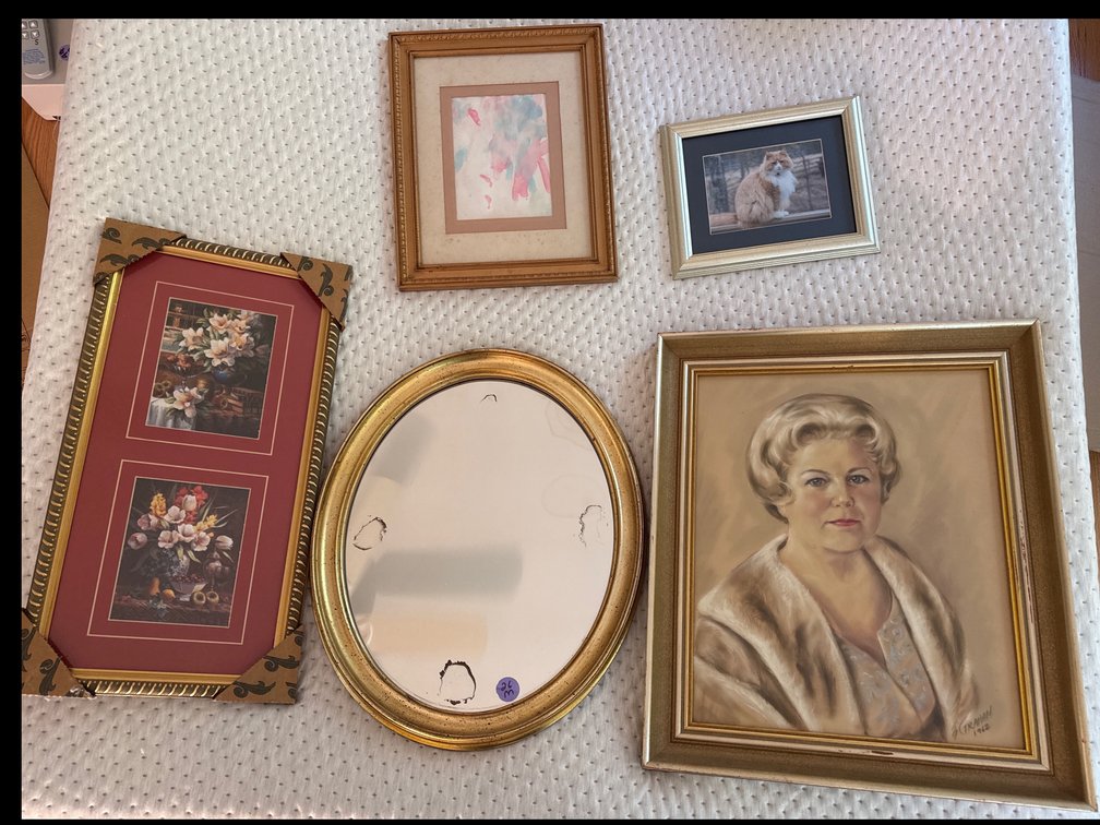 Framed picture lot including vintage mirror. 5 pieces total