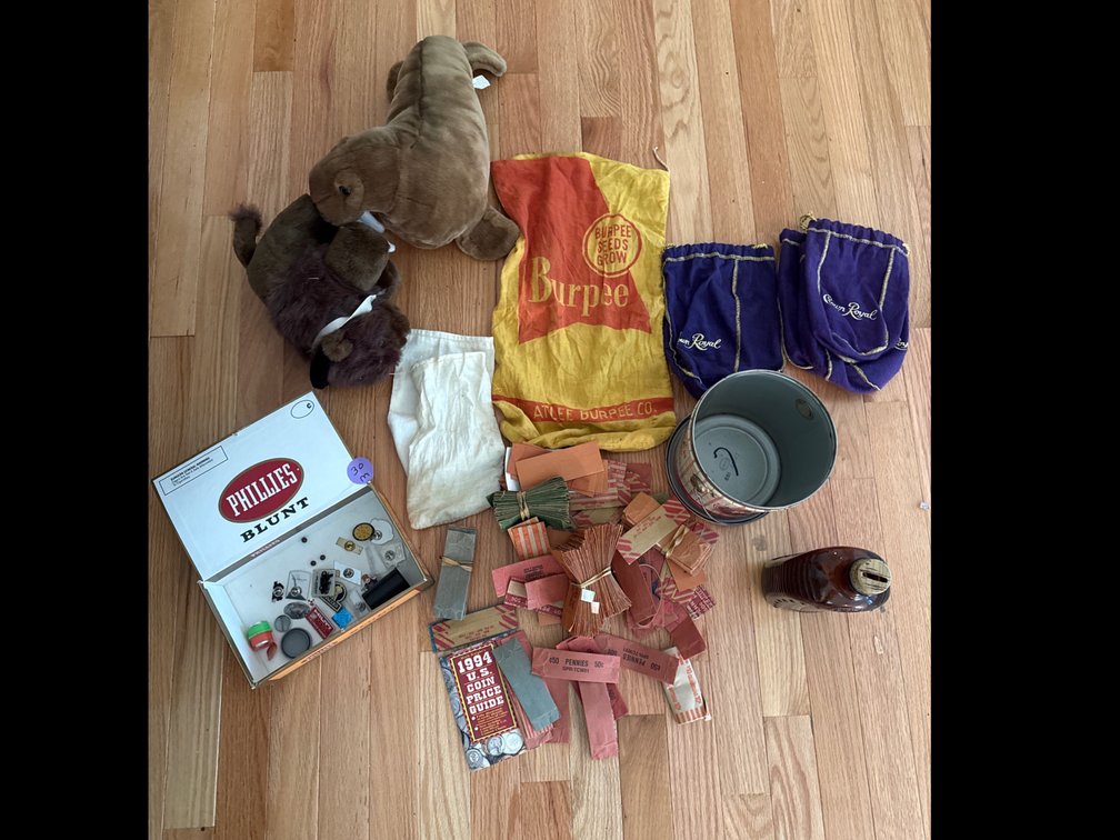 Large lot vintage collectibles Burpee sack,