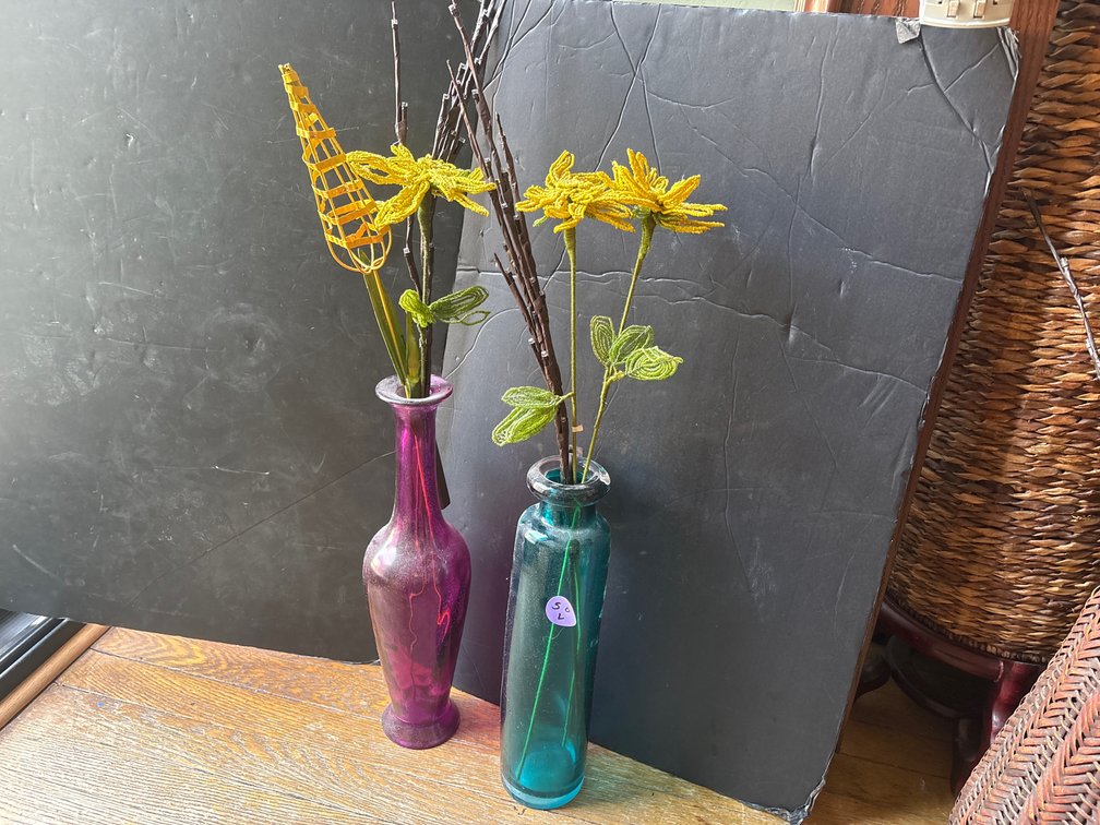 Colorful Glass Bud Vases Set with Handmade Beaded Floral Stems – Magenta & Teal