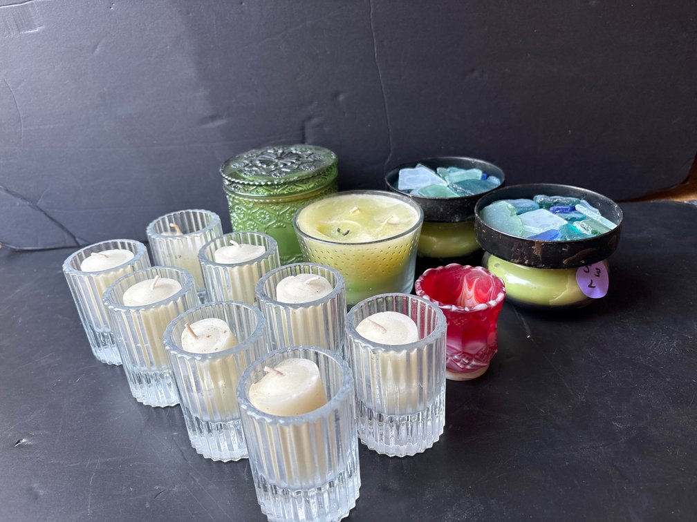 Decorative Candle Lot – Ribbed Votives, Seaglass Accent Candles & Green Trinket Jar