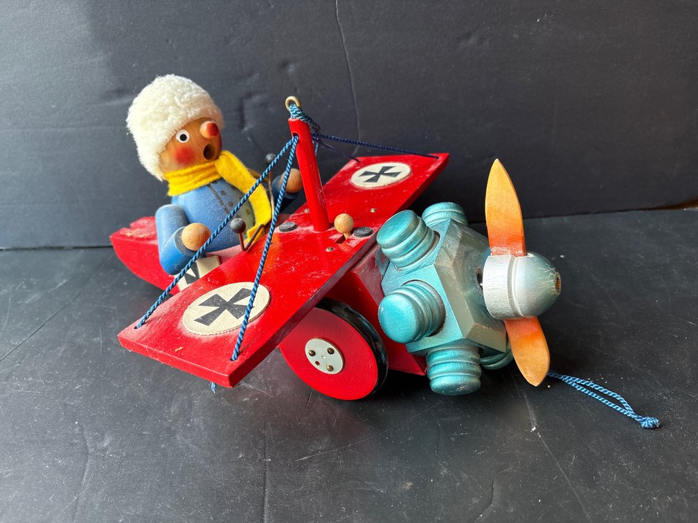 Steinbach Wooden Biplane Pull Toy with Reuge Swiss Musical Movement & Pilot