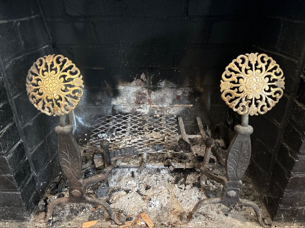 Cast Iron and Brass Filigree Andirons Pair