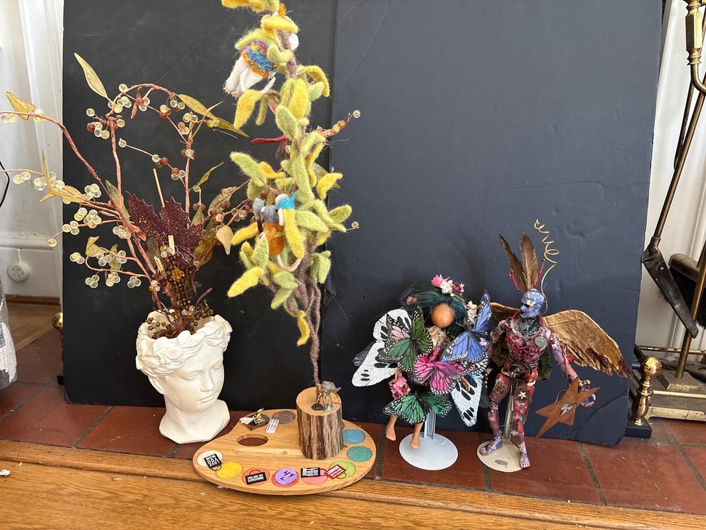 Four Unique Mixed Media Art Sculptures and Whimsical Figurines