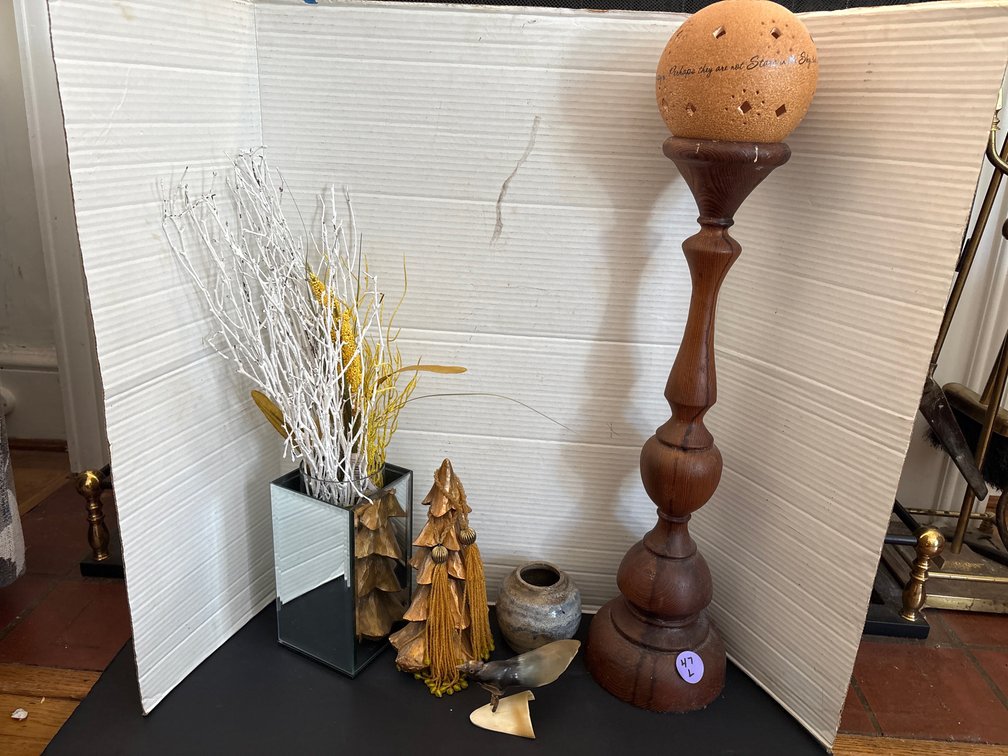 Decorative Assortment of Wooden Pillar Candle Holder, Floral Glass Vase, and Accents