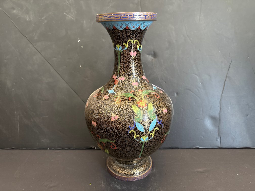 Chinese Cloisonne Vase Black Ground Floral