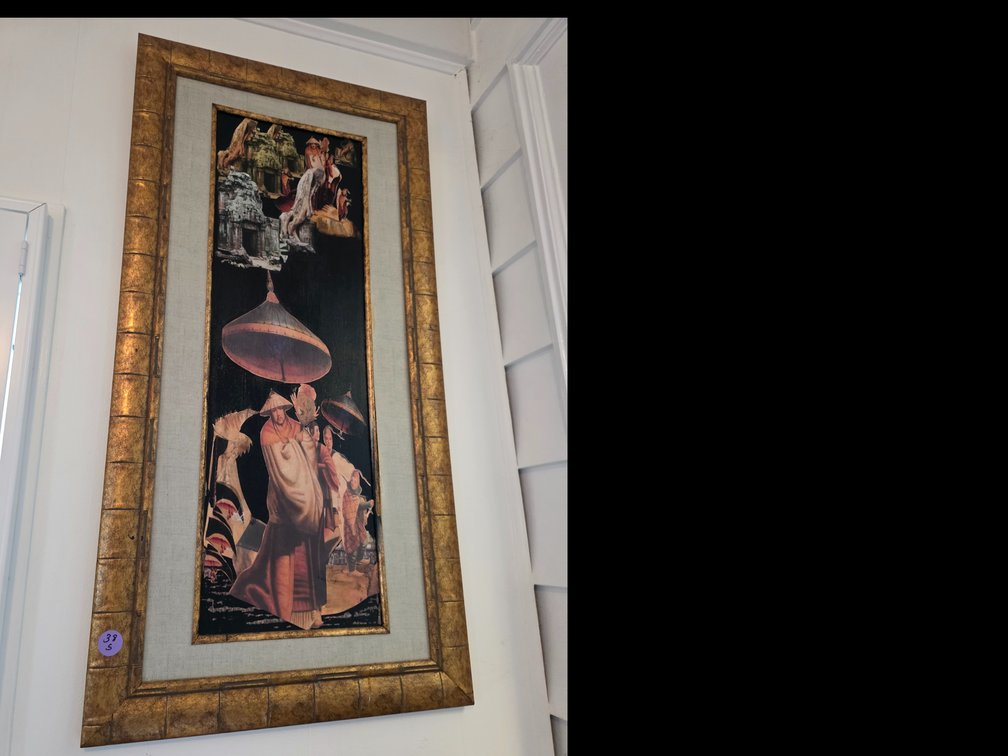 Vertical collage or mixed-media artwork featuring Asian-inspired imagery, including architectural elements and a figure holding an umbrella, set against a black background within a decorative gold frame.
