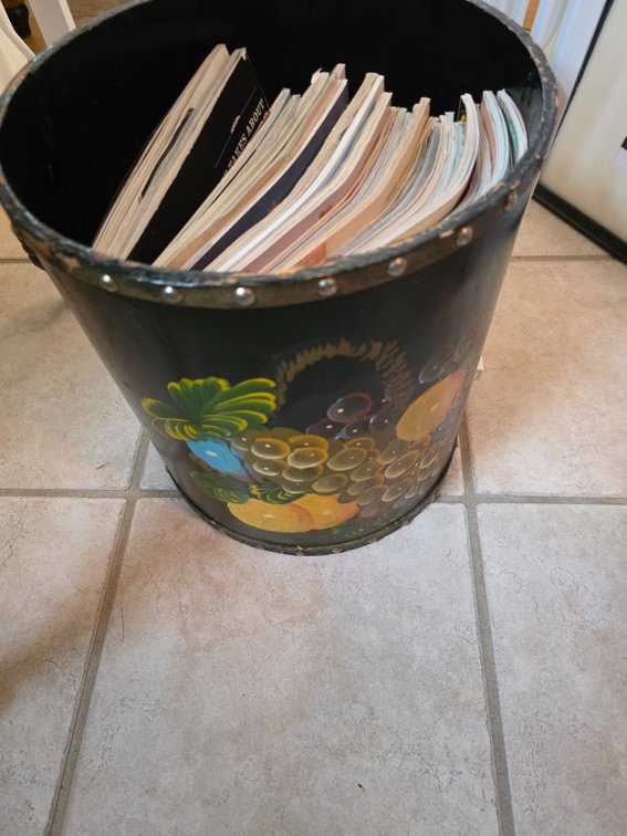 Vintage hand-painted wooden waste bin featuring a charming autumn fruit motif and a studded metal