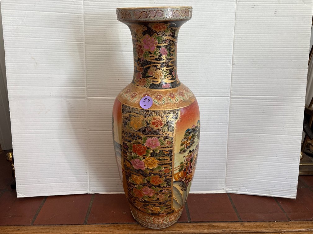 Japanese Satsuma Style Ceramic Floor Vase with Figural and Floral Panels