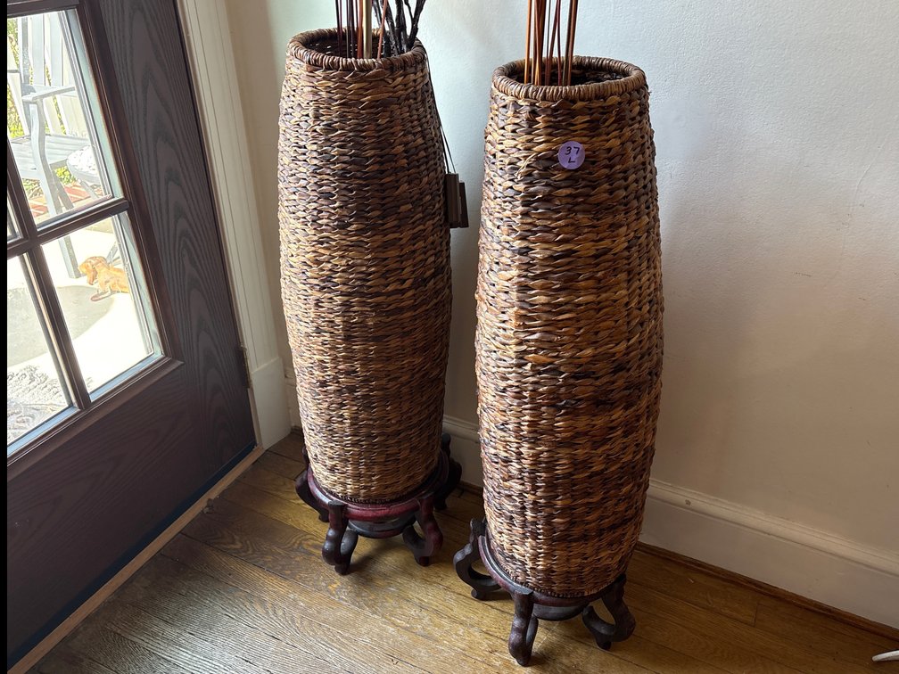 Two Woven Floor Vases with Wooden Stands and Decorative Branches(x2)