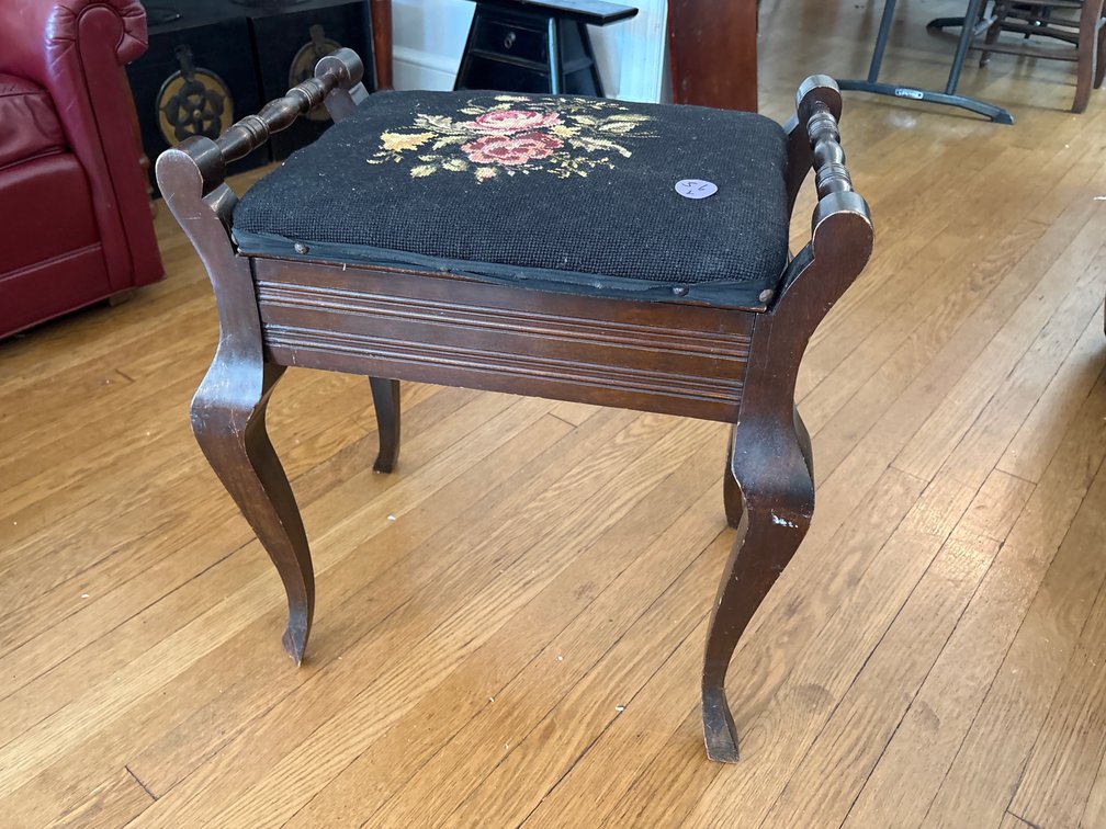Wooden Vanity Stool with Needlepoint Floral Upholstery