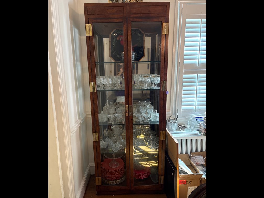 Tall Curio Cabinet with Glass Shelves and Gold Hardware With Interior Lights
