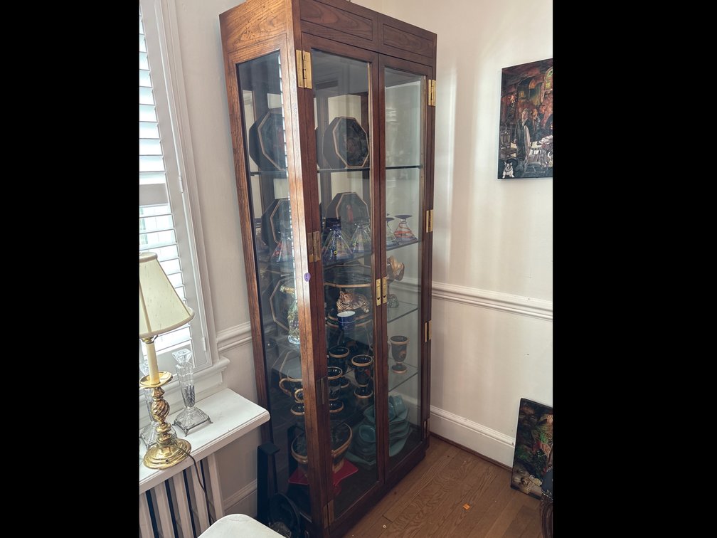 Tall Curio Cabinet with Glass Shelves and Gold Hardware With Interior Lights