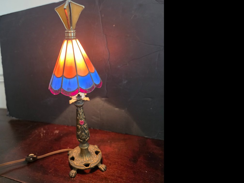 Metal Base Lead and Stained Glass Accent Lamp,  17" Tall Working