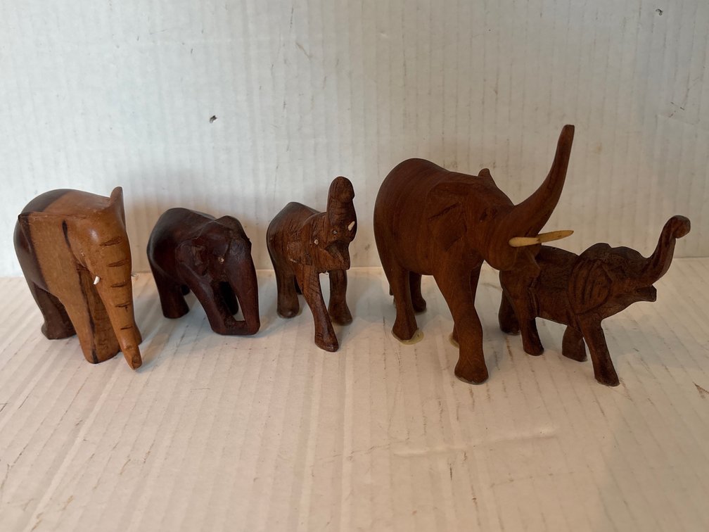 Hand-Carved Wooden Elephant Herd Figurine Set