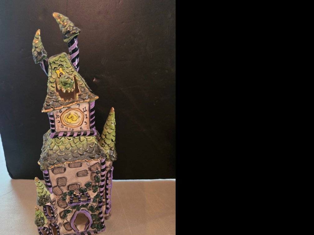 Vintage,  Blue Sky Clayworks "Howlin' Time Tower" Halloween tea light candle Holder