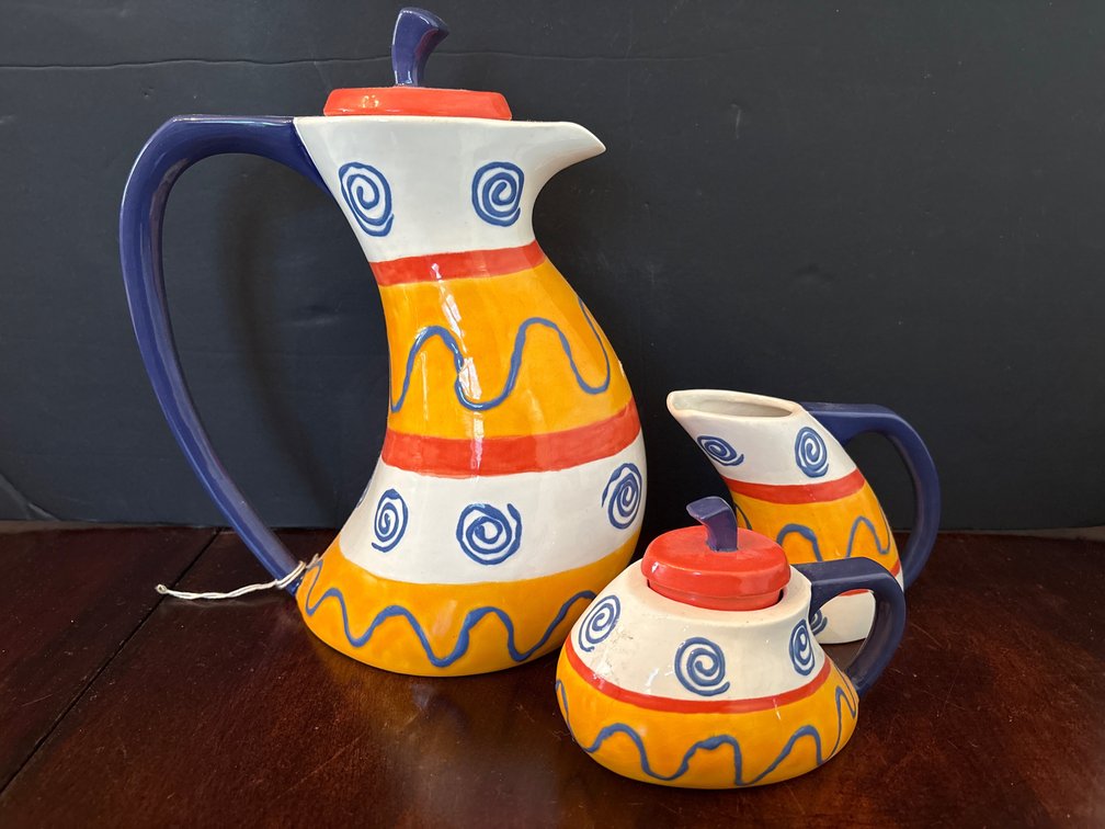 Hand-Painted "Arte en Ceramica" Whimsical Ceramic Coffee Pot, Creamer & Sugar Set