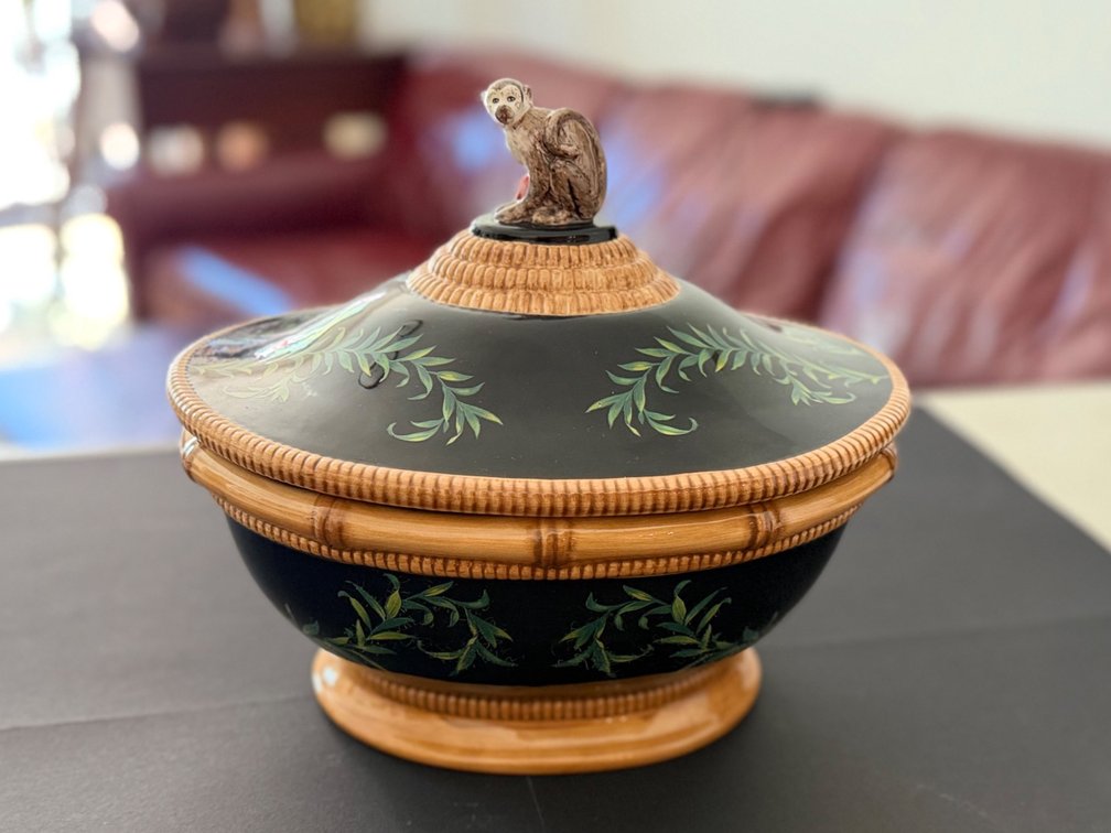 Raymond Waites Safari Certified International Black Monkey Tureen Serving Bowl