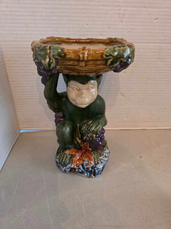 Chinoiserie Sitting Monkey Figurine Bamboo Fruit Basket 9.75”T 6.5”L 6.25”W