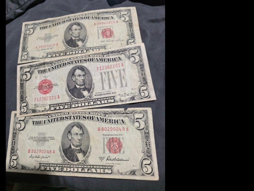 1953, 1928, 1953 Red Serial $5.00 Bills
