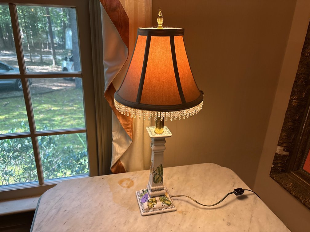 Italian Majolica Style Floral Table Lamp with Beaded Fringe