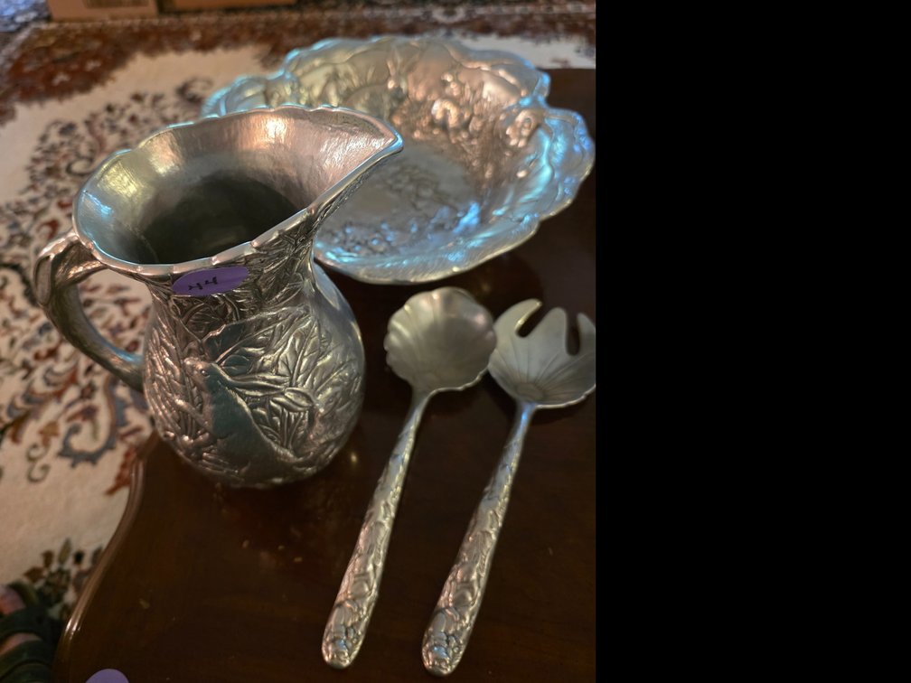 Vintage 1989 Arthur Court cast aluminum water pitcher featuring a charming embossed bunny and foliage design, Bowl And Serving Pieces.