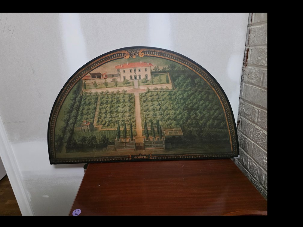 Ballard Designs demi-lune wall plaque featuring a reproduction of Giusto Utens's 16th-century painting of the Villa di Marignolle Medici villa in Florence, Italy.