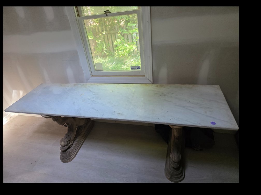 Marble Top Neoclassical-style console table base carved in the form of mythological dolphins