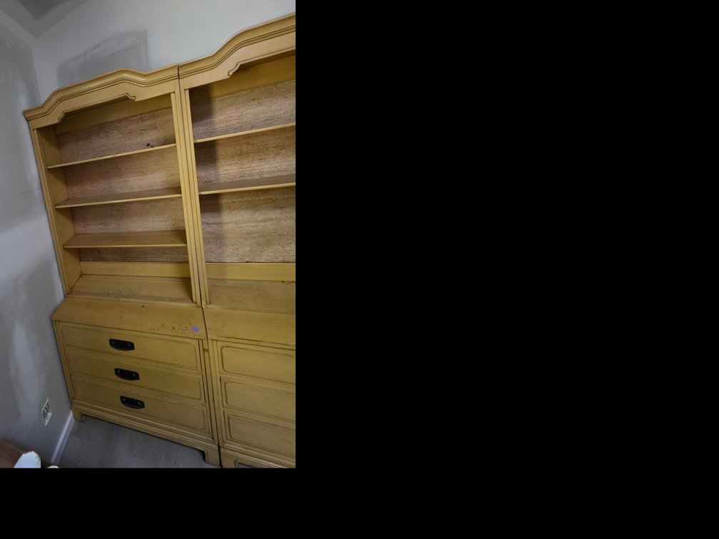 Rivers Edge mustard-yellow wooden two-piece hutch cabinets featuring open shelving tops and three-drawer lower storage consoles