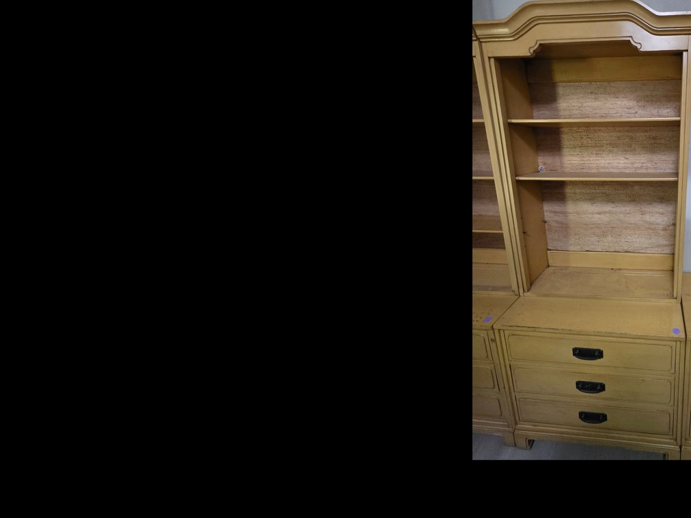 Rivers Edge mustard-yellow wooden two-piece hutch cabinets featuring open shelving tops and three-drawer lower storage consoles 32" X 17.5" X 79"