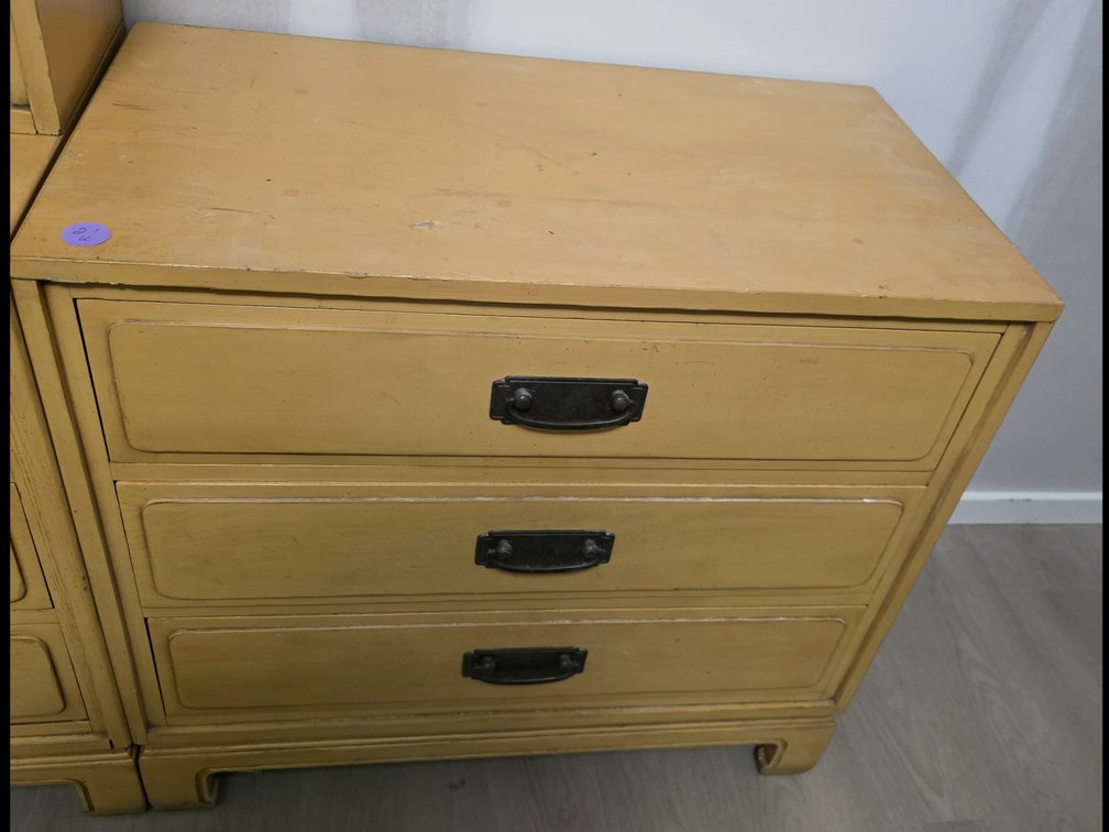 Rivers Edge mustard-yellow wooden cabinet     three-drawer lower storage consoles 32" X 17.5" X 30"