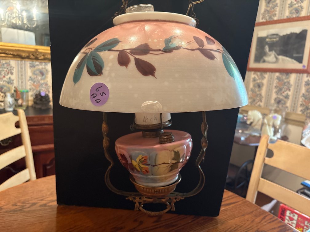 Hand-Painted Glass Hanging Parlor / Oil Lamp  Diameter: 13in   Height: 17.25in