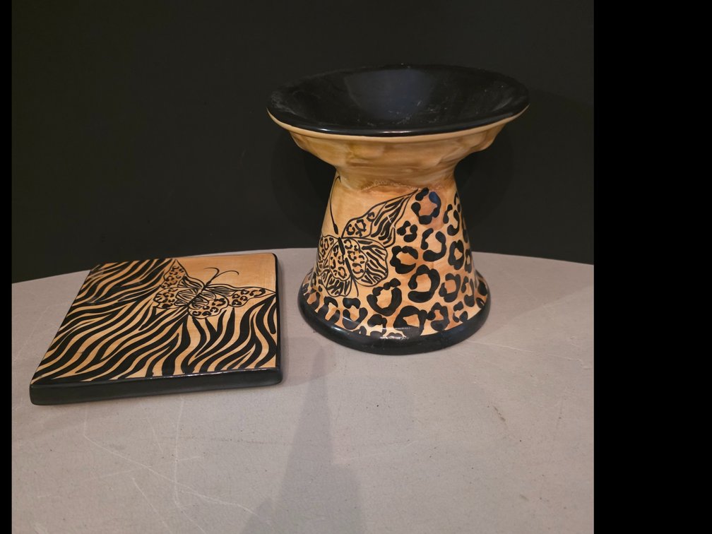 Trivit Metamorphosis pattern by Laurie Gates for Mikasa, ,  distinctive black zebra stripe and gold butterfly design:  Pedestal  Display Piece
