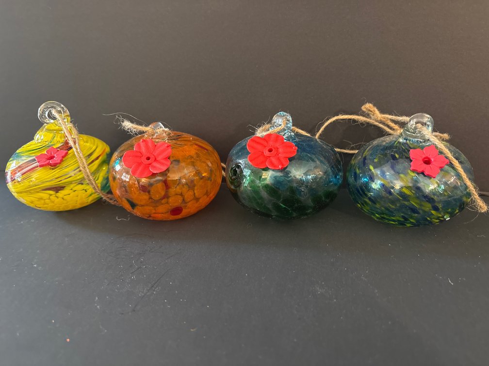 Set of 4 Hand-Blown Art Glass Hanging Hummingbird Feeders