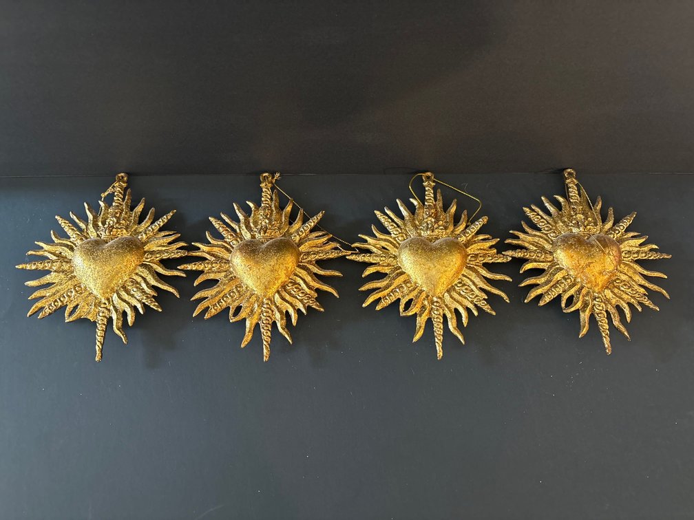 Gold Flaming Sacred Heart Hanging Ornaments (x4)