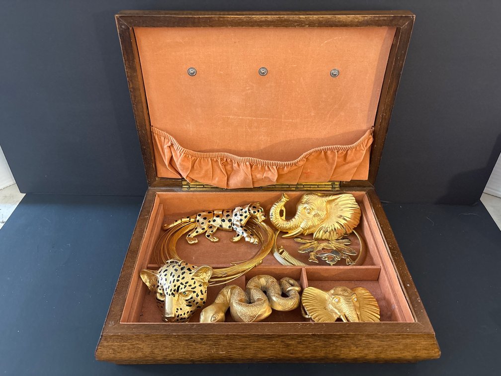 Wooden Jewelry Box Lot with Gold-Tone Animal Jewelry (Snake, Leopard & Elephants)