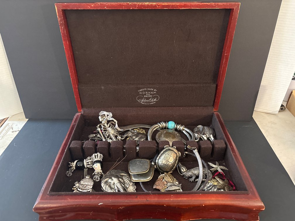 Gorham Anti-Tarnish Wood Chest Lot with Silver-Tone Figural Animal Jewelry & Brooches