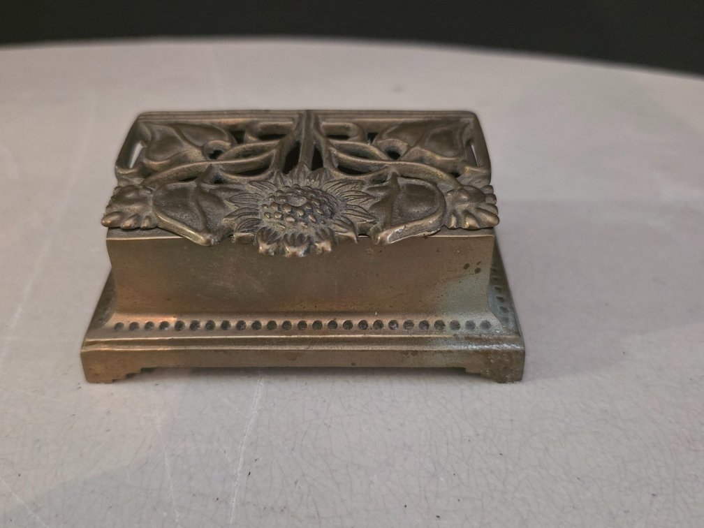 Vintage Solid Brass Hinged Stamp Holder Art Nouveau Sun Flower Trinket Box
