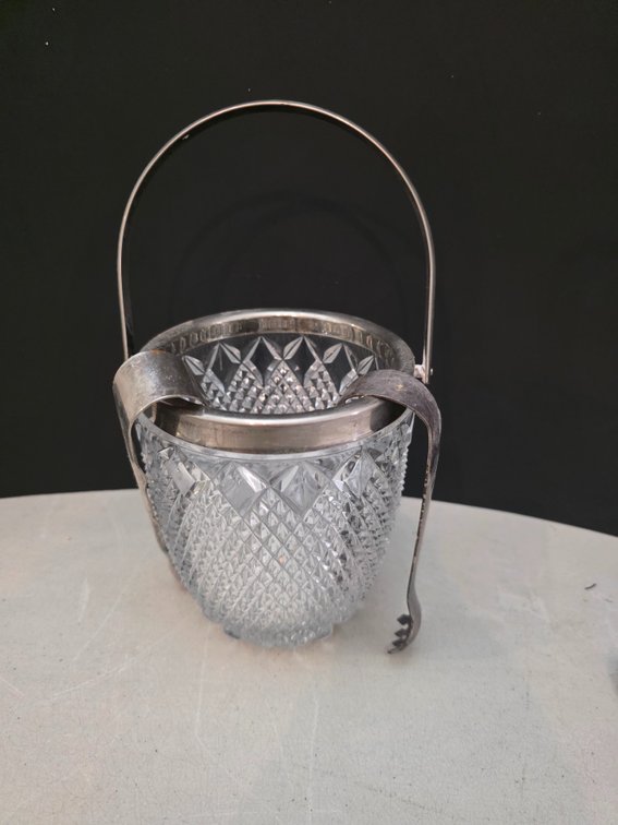 Vintage cut lead crystal and silver-plated ice bucket, featuring a diamond-point or hobnail pattern and an attached swing handle, With Ice Tongs