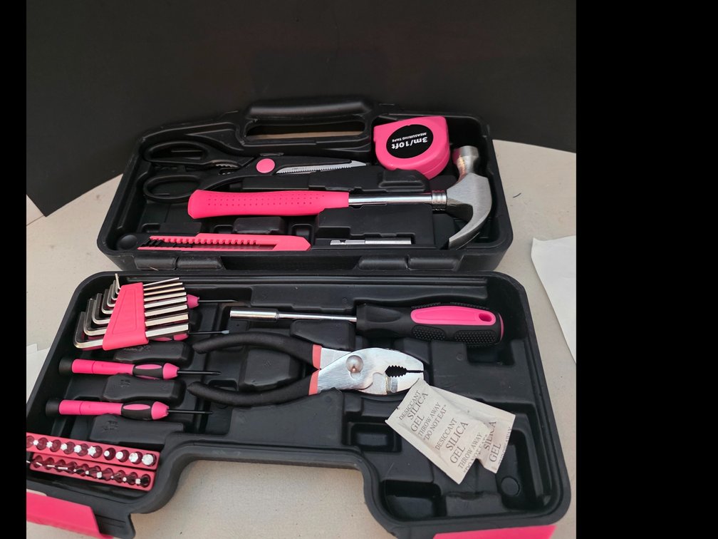 Pink and black household tool kit,