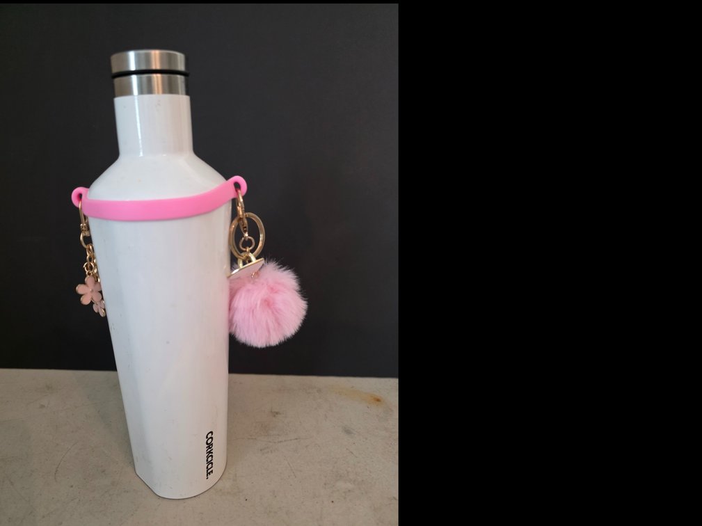 White Corkcicle Canteen insulated stainless steel water bottle decorated with a pink silicone band and matching pink flower and fuzzy pom-pom keychains
