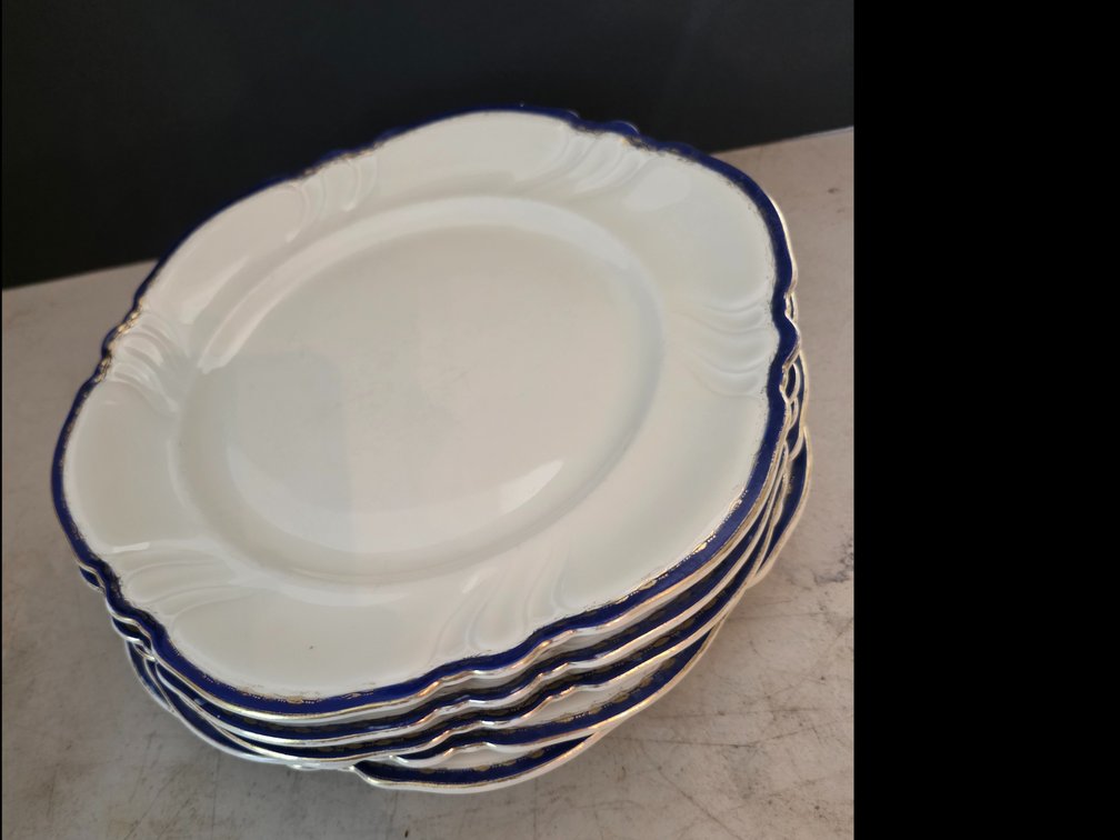 Vintage Rosenthal porcelain  Plates  with Blue and Gold Trim from Kronach, Germany, in the "Elfenbein Viktoria" (Ivory Victoria) pattern.  10" Diameter