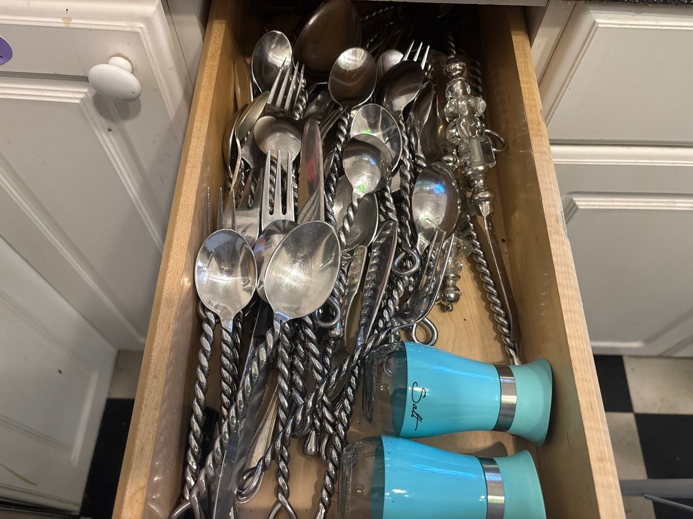 Large Lot of Twisted Stainless Steel Flatware & Salt/Pepper Shakers