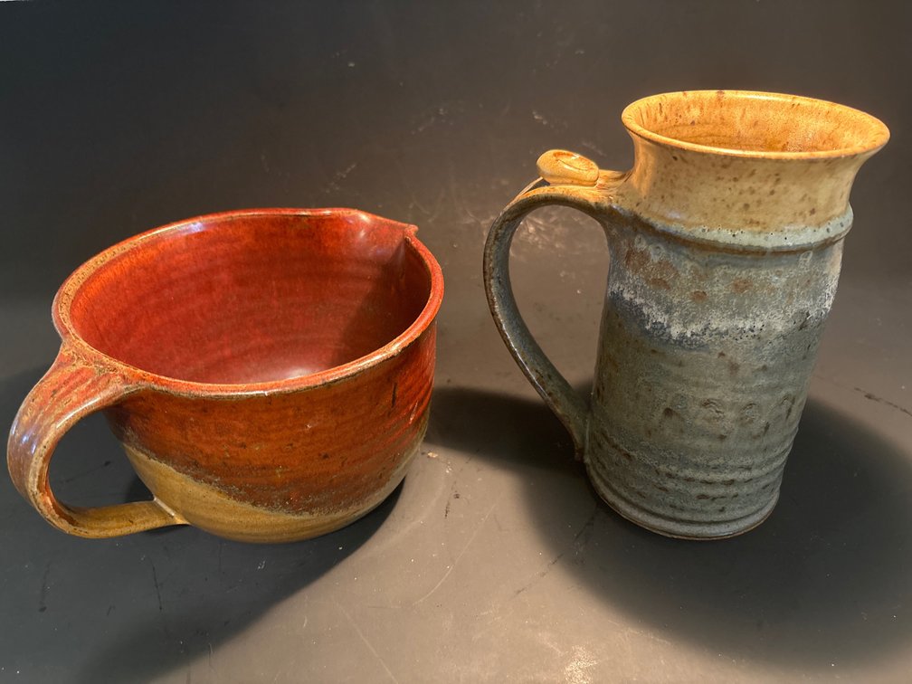 Handcrafted Studio Art Pottery Lot: Pouring Pitcher & Tall Mug